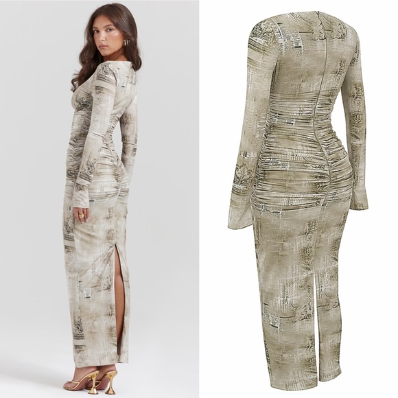 House of CB Lanetta ruched bateau neck long sleeve georgette maxi dress - Picture 4 of 14